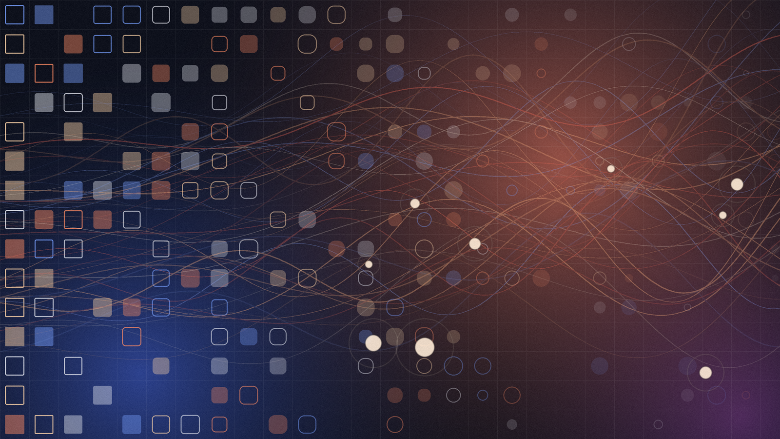 An abstract editorial composition in which a neat grid of rounded squares on the left dissolves into glowing, flowing lines and soft circles on a deep blue-to-copper gradient, suggesting design systems meeting AI.