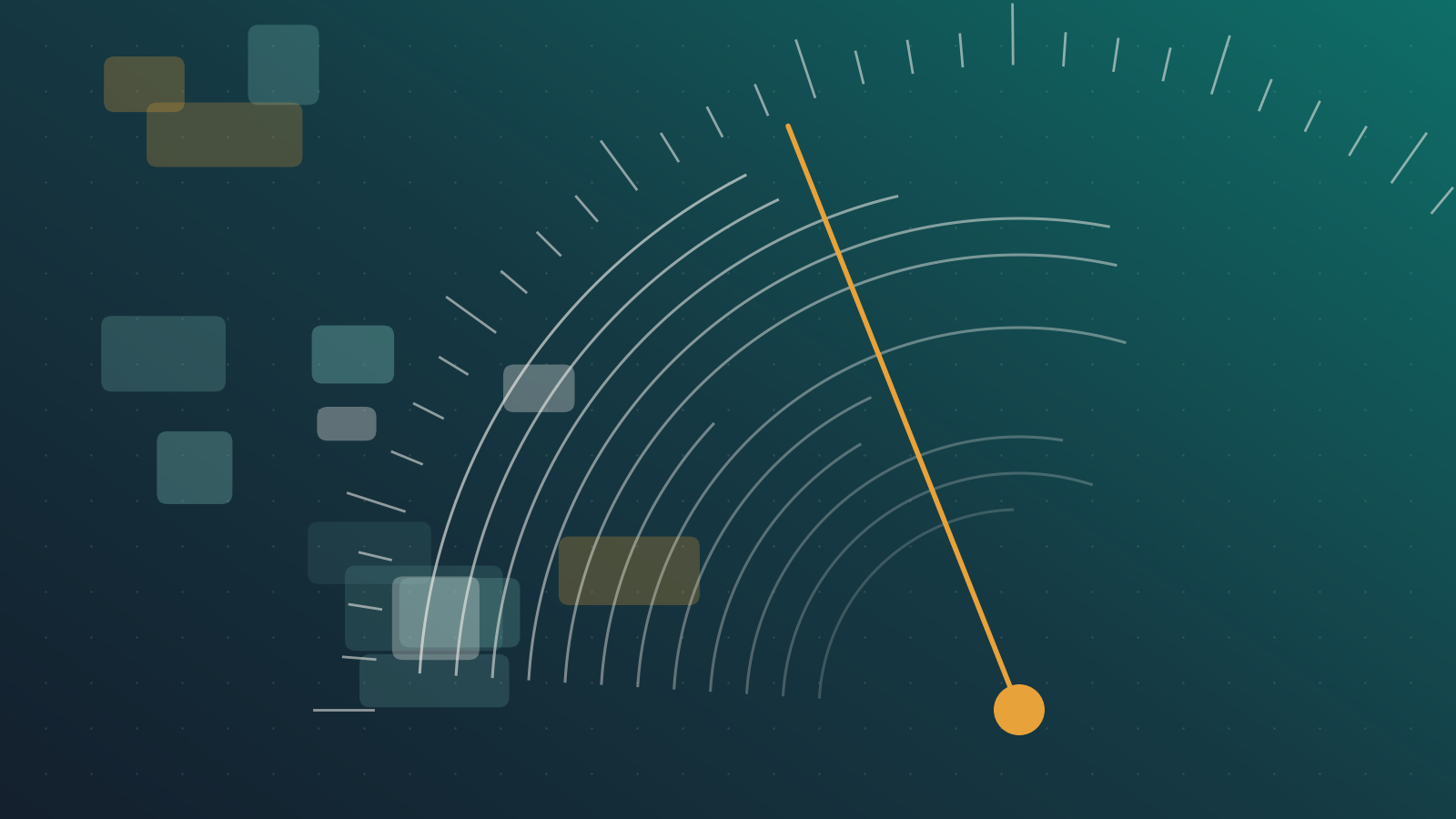 Abstract editorial cover: a dark navy-to-teal gradient with a faint dot grid, concentric light arcs and tick marks forming a gauge, an amber needle partway through its sweep, and translucent rectangular "design tiles" floating on the left. No text.